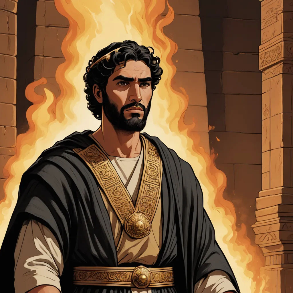 a man in a black and gold outfit with a sword in his hand and a flame in the background, unilalianism, a comic book panel, Altichiero, high detail illustration