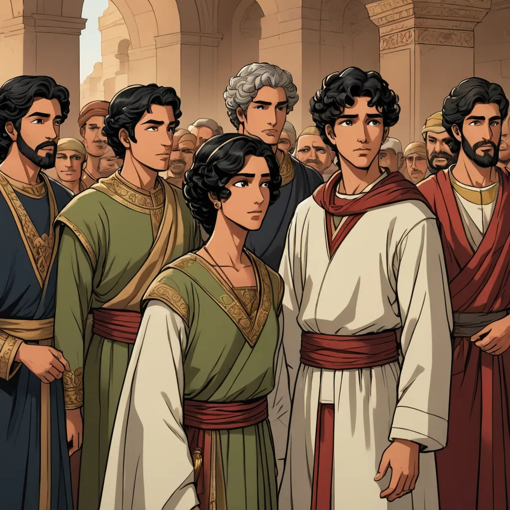 a group of people standing next to each other in front of a crowd of people in ancient costumes and with a man in a red robe, hurufiyya, a comic book panel, Altoon Sultan, graphic novel