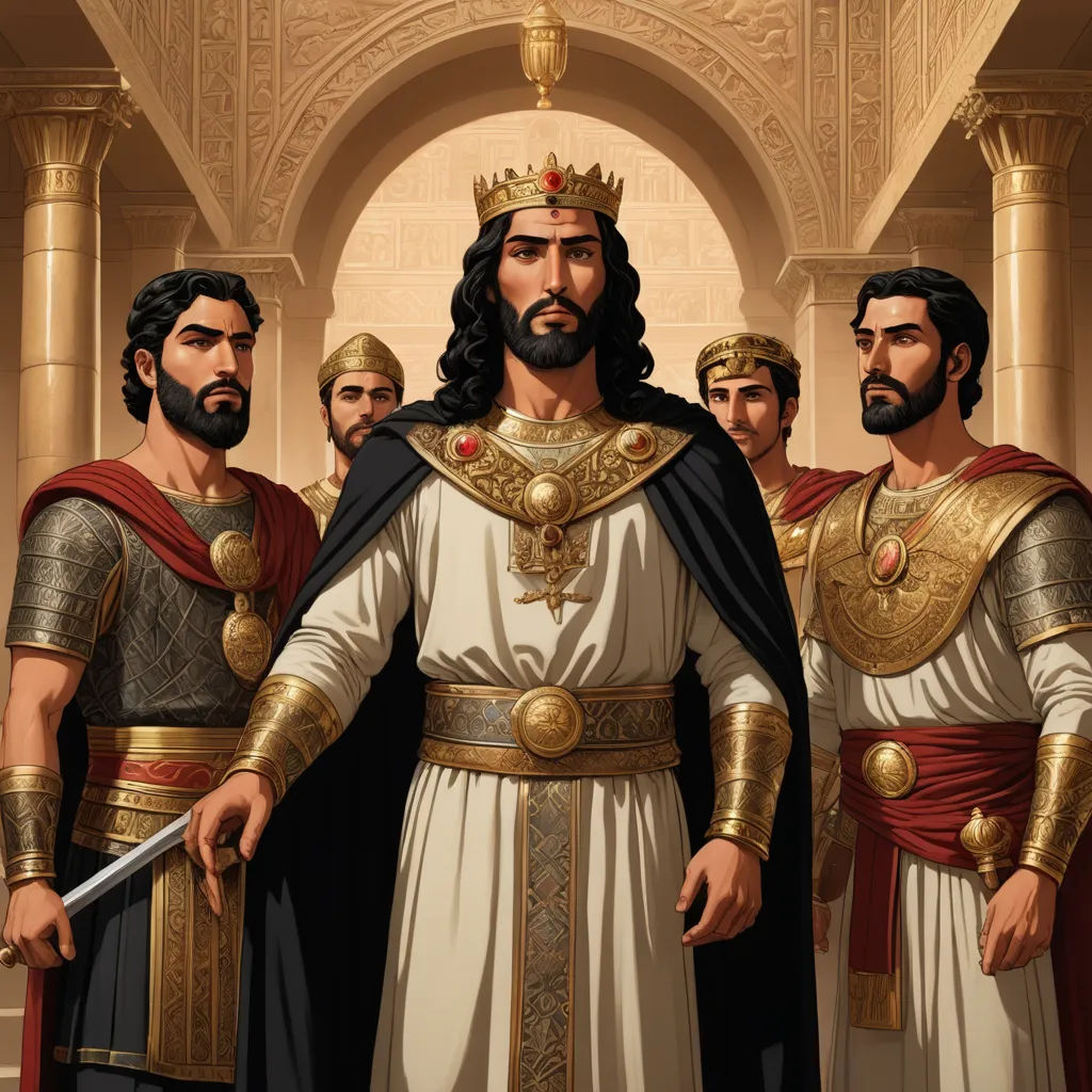 a group of men in roman costumes standing in a hallway with a sword in hand and a crown on his head, qajar art, a detailed drawing, Altoon Sultan, official art