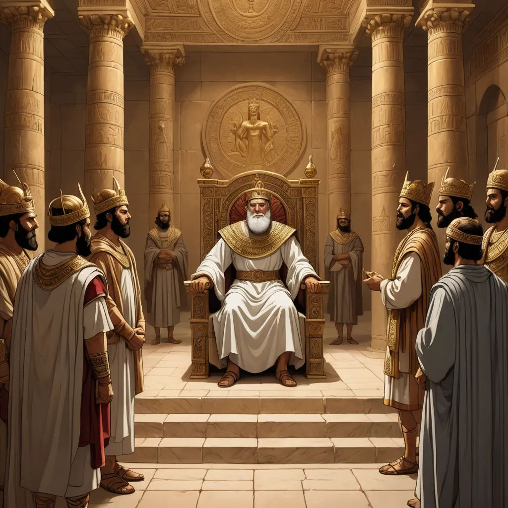 a painting of a man sitting in a throne surrounded by men in ancient clothing and wearing gold robes and holding a sword, incoherents, a storybook illustration, Christophe Vacher, highly detailed digital painting