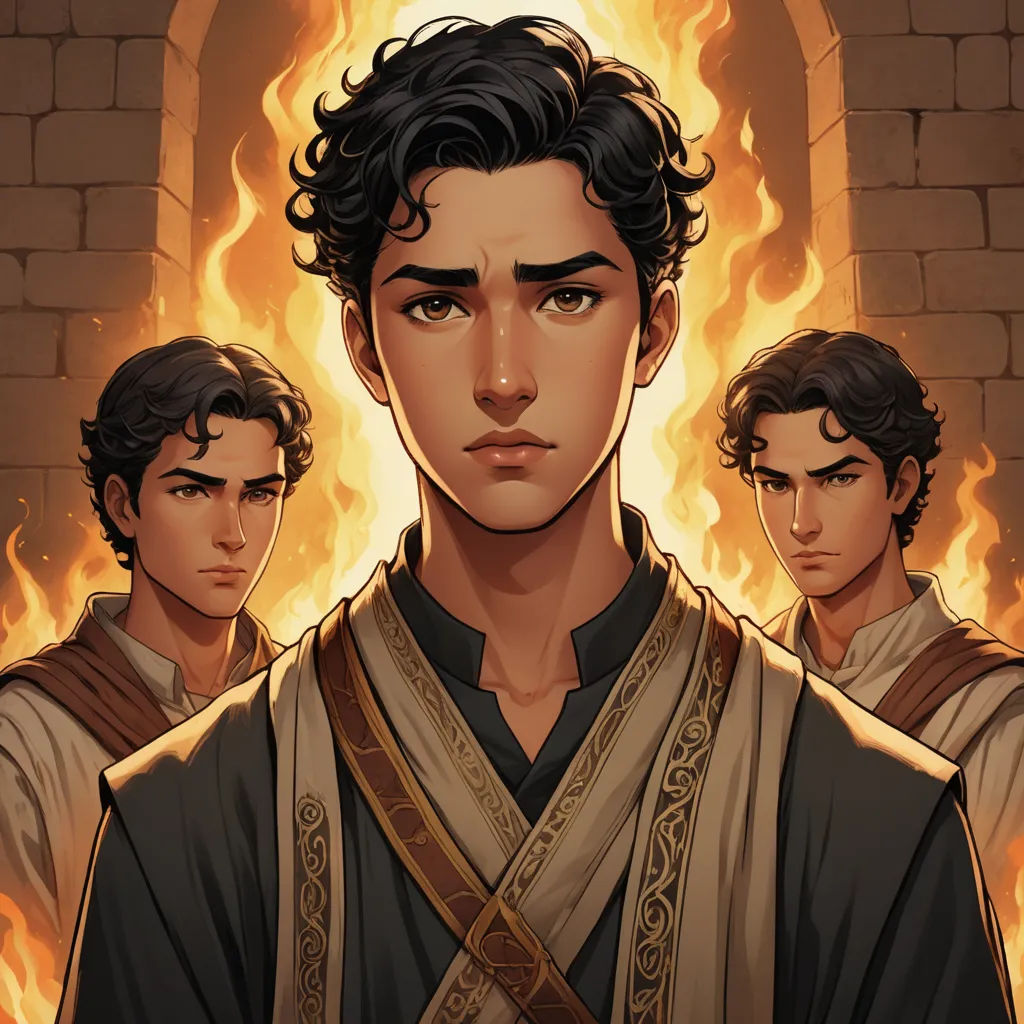 a man standing in front of a fire with two other men behind him and a brick wall behind him, sots art, a character portrait, Brothers Hildebrandt, comic cover art