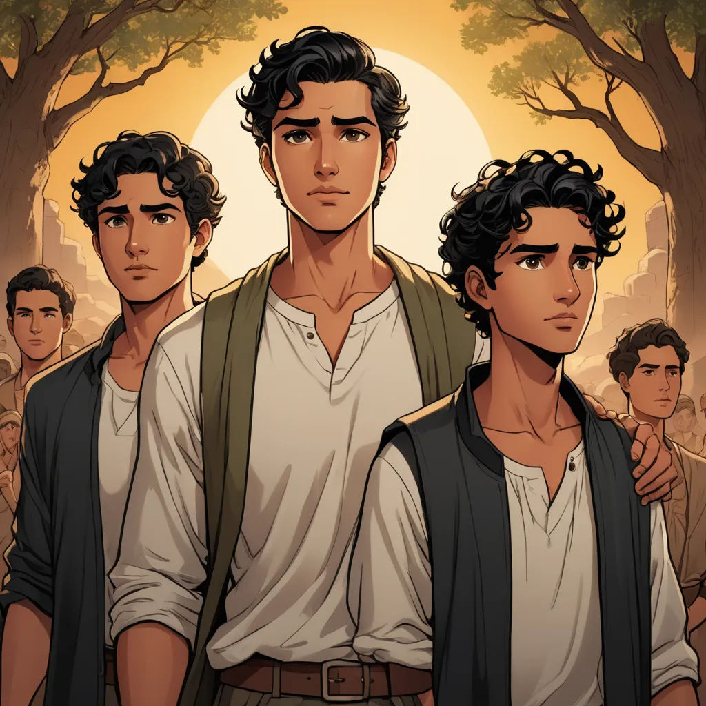 a group of young men standing next to each other in front of a tree filled forest with a sun in the background, serial art, a character portrait, Brothers Hildebrandt, official art