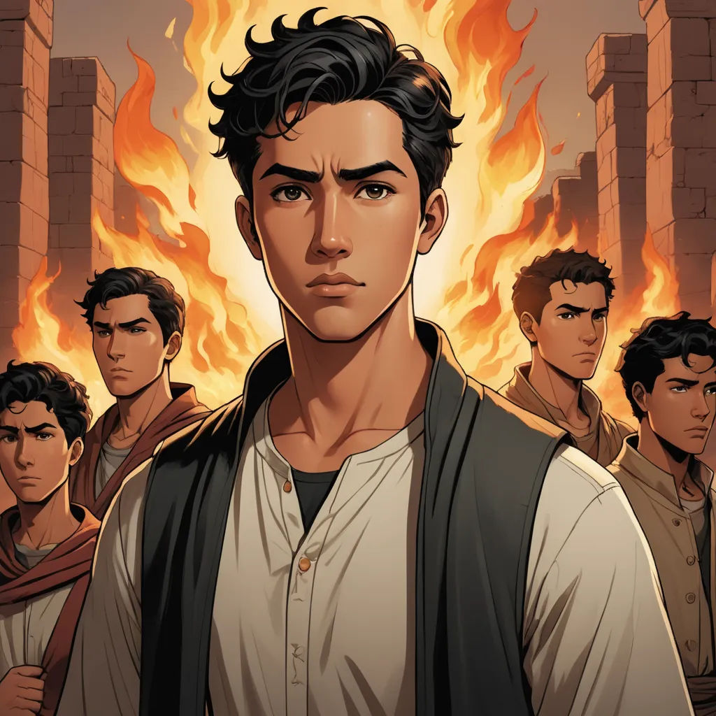 a man standing in front of a fire with other men behind him and a building on fire in the background, sots art, a character portrait, Cedric Seaut (Keos Masons), comic cover art
