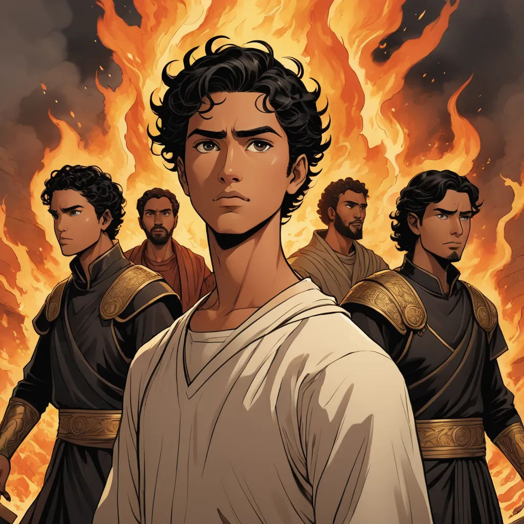 a cartoon of a group of men standing in front of a fire filled sky with flames behind them and a man in white shirt, hurufiyya, a comic book panel, Anson Maddocks, comic cover art