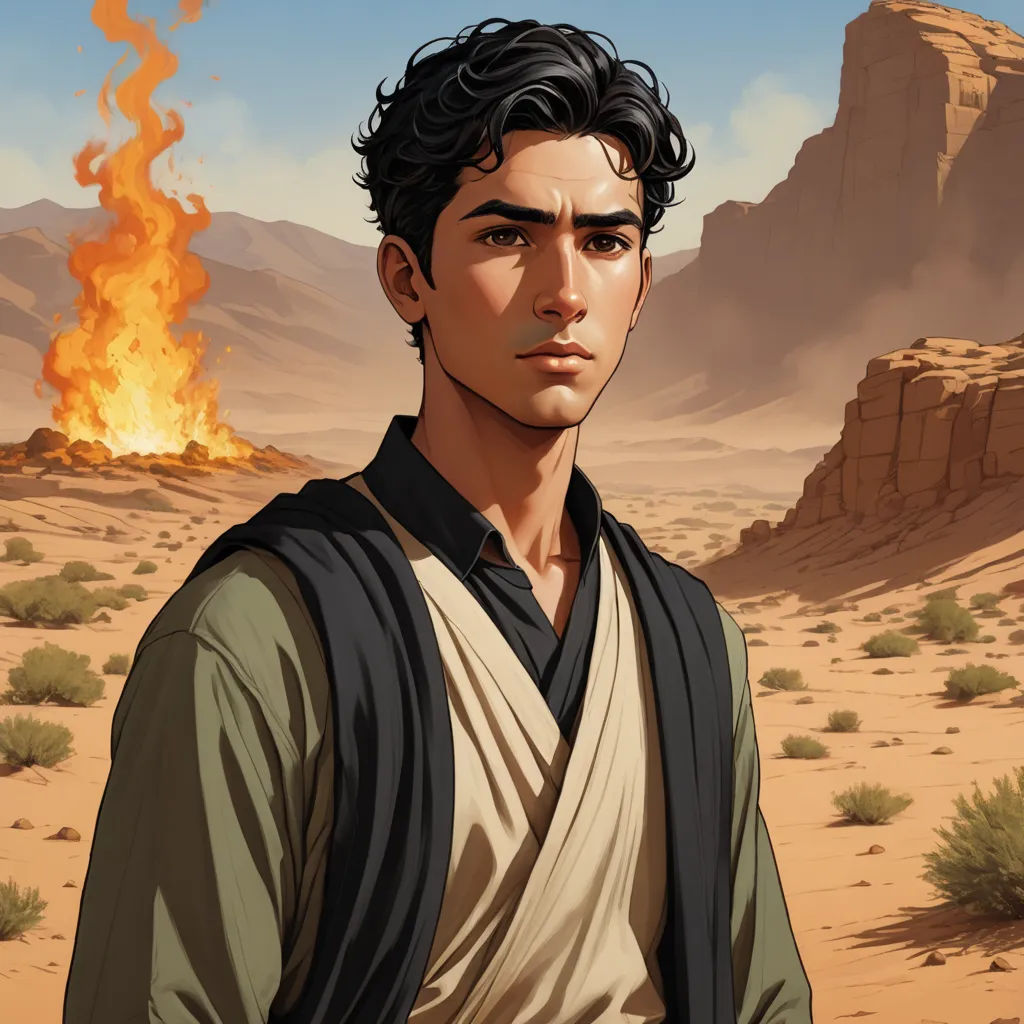 a man in a desert with a fire in the background and a desert landscape in the foreground with a rock formation, serial art, a character portrait, Brothers Hildebrandt, official art