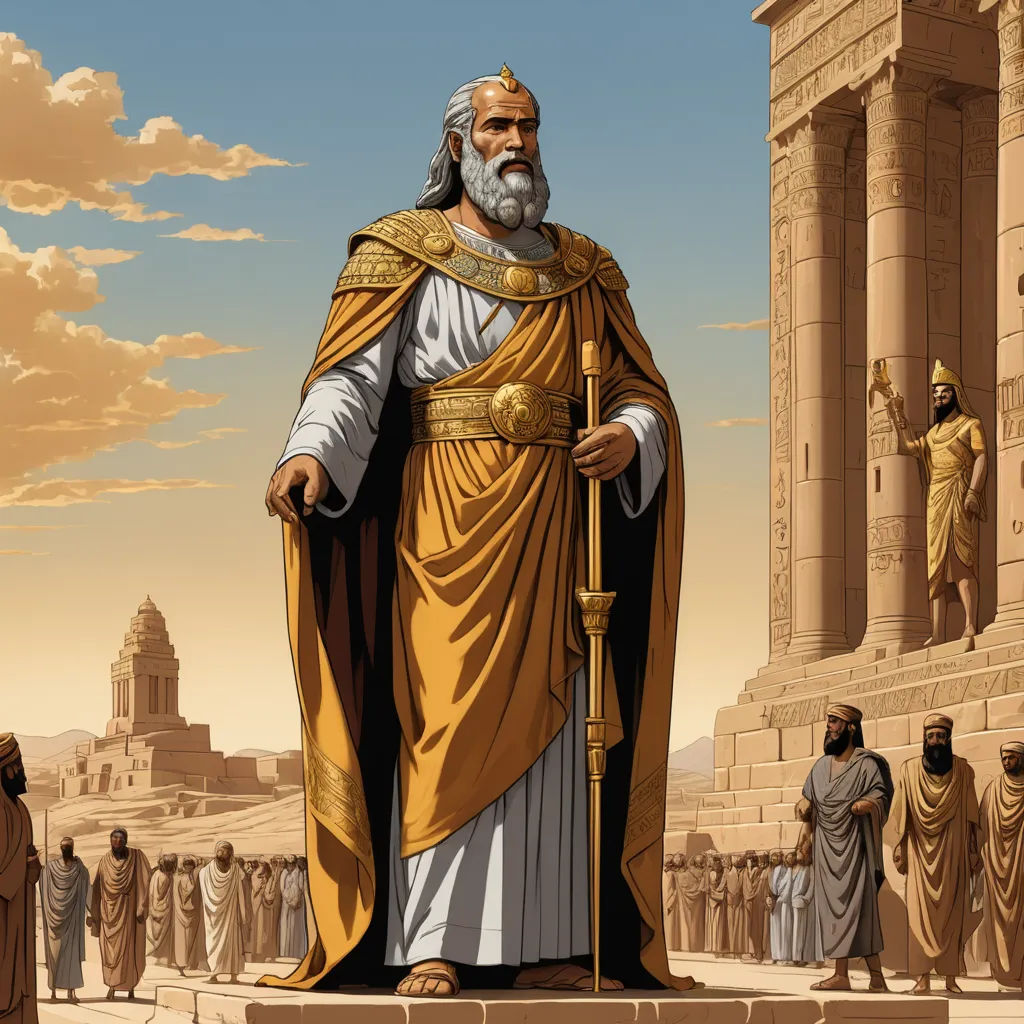 a man in a golden robe standing in front of a statue of a man with a sword in his hand, neoclassicism, a statue, Christophe Vacher, highly detailed digital art