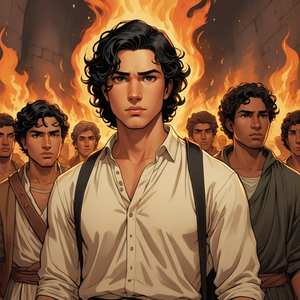a man standing in front of a group of people with a fire in the background of him and a bunch of other men, renaissance, a comic book panel, Brothers Hildebrandt, graphic novel