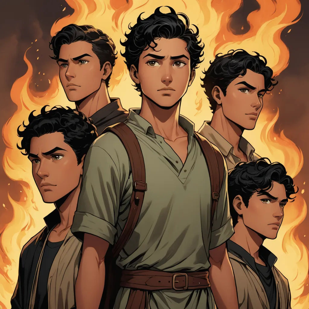 a group of young men standing next to each other in front of a fire filled sky with flames behind them, sots art, concept art, Brothers Hildebrandt, comic cover art