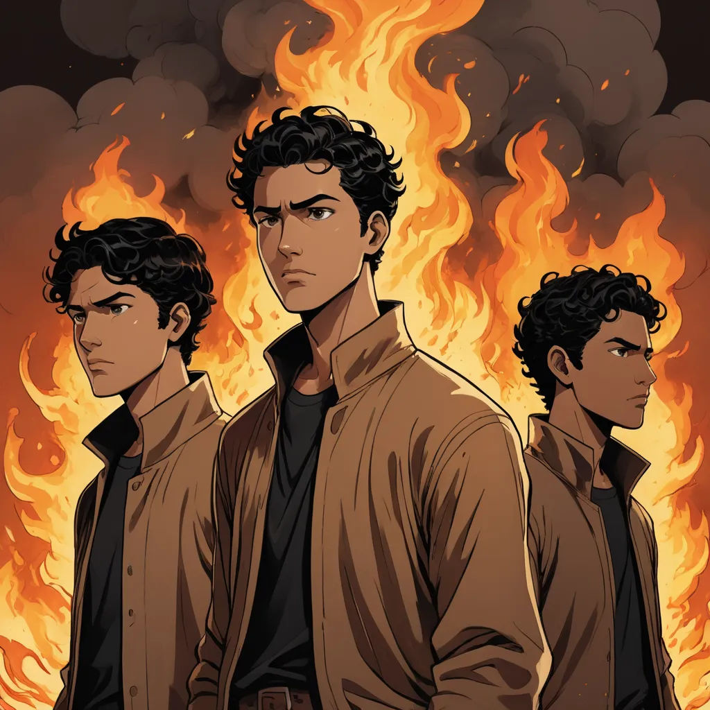 a group of men standing in front of a fire filled sky with flames behind them and a man in the middle of the picture, process art, concept art, Cedric Seaut (Keos Masons), comic cover art
