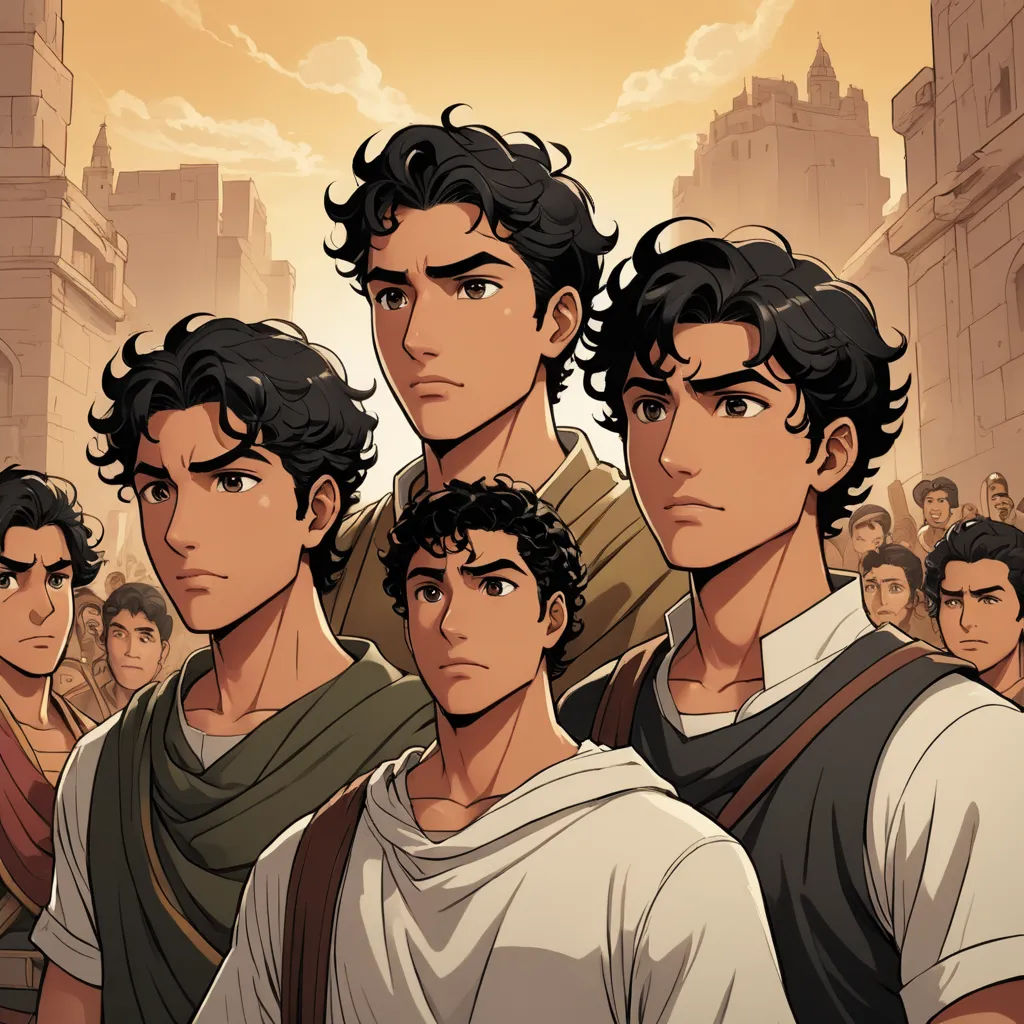 a group of young men standing next to each other in front of a cityscape with a sky background, rayonism, concept art, Altichiero, official art