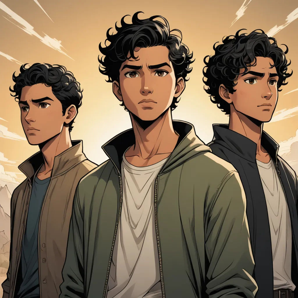 three young men standing next to each other in front of a sunset sky with clouds and clouds above them, serial art, a comic book panel, Everett Warner, graphic novel