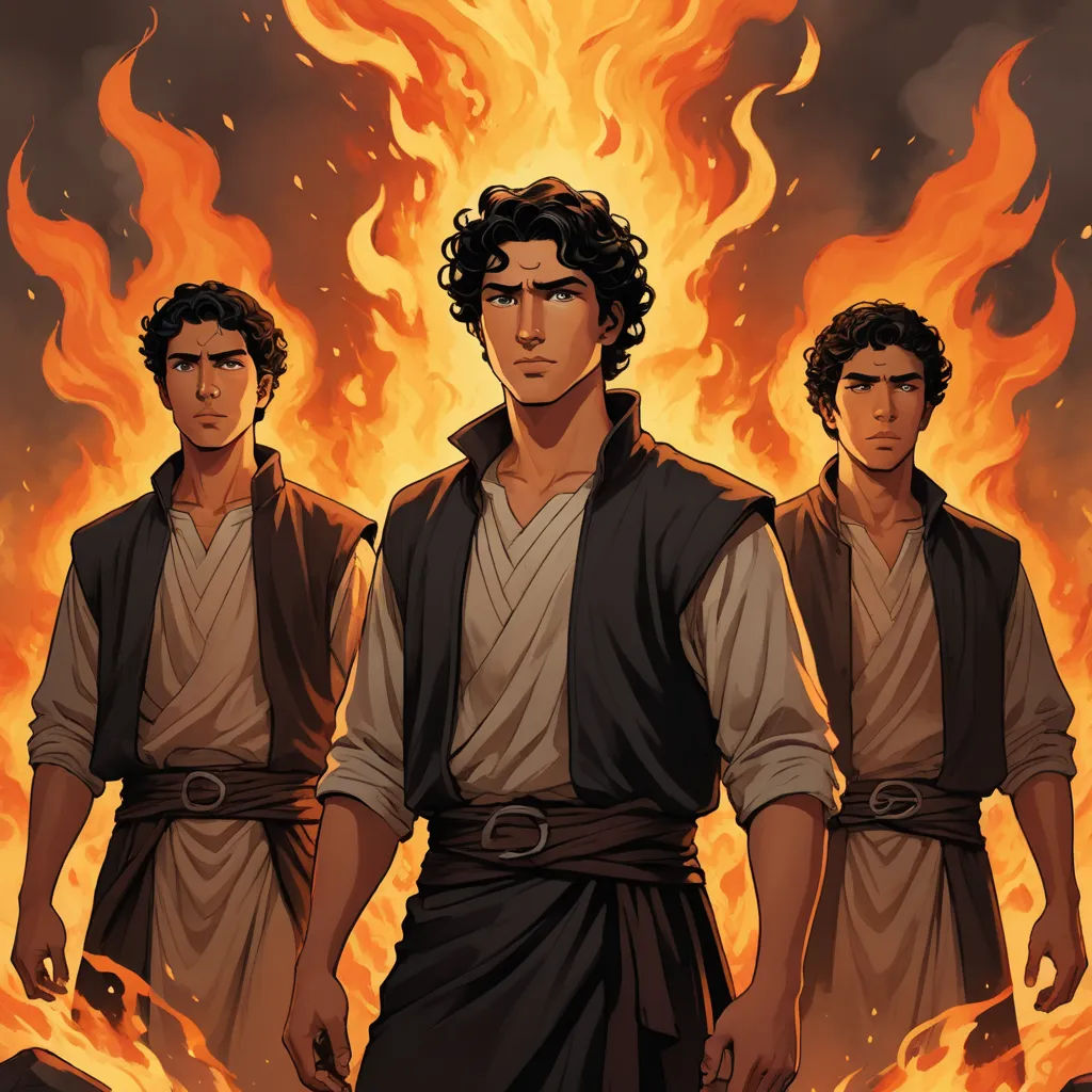 a group of men standing in front of a fire filled sky with flames behind them and one man in a vest, process art, concept art, Brothers Hildebrandt, comic cover art