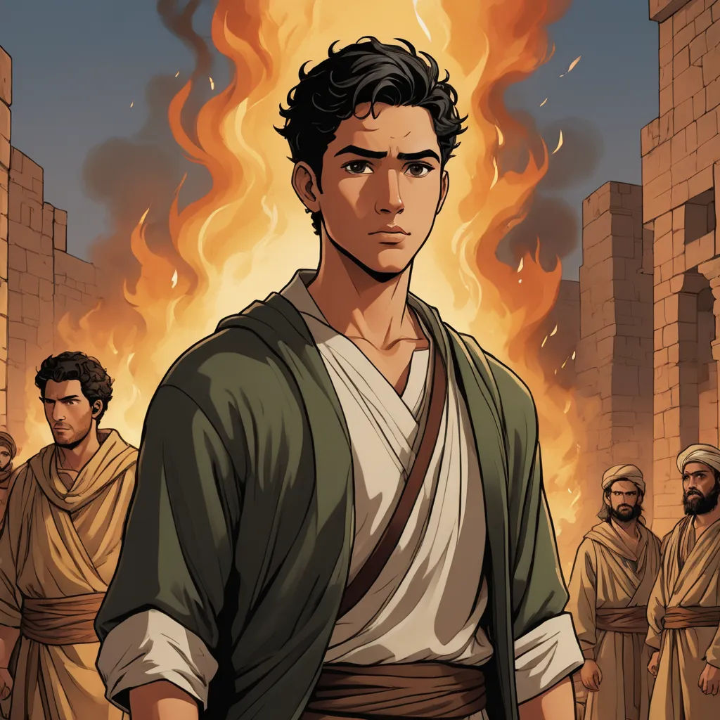 a man in a robe standing in front of a fire filled city with people standing around him and a fire burning behind him, hurufiyya, a comic book panel, Asaf Hanuka, graphic novel