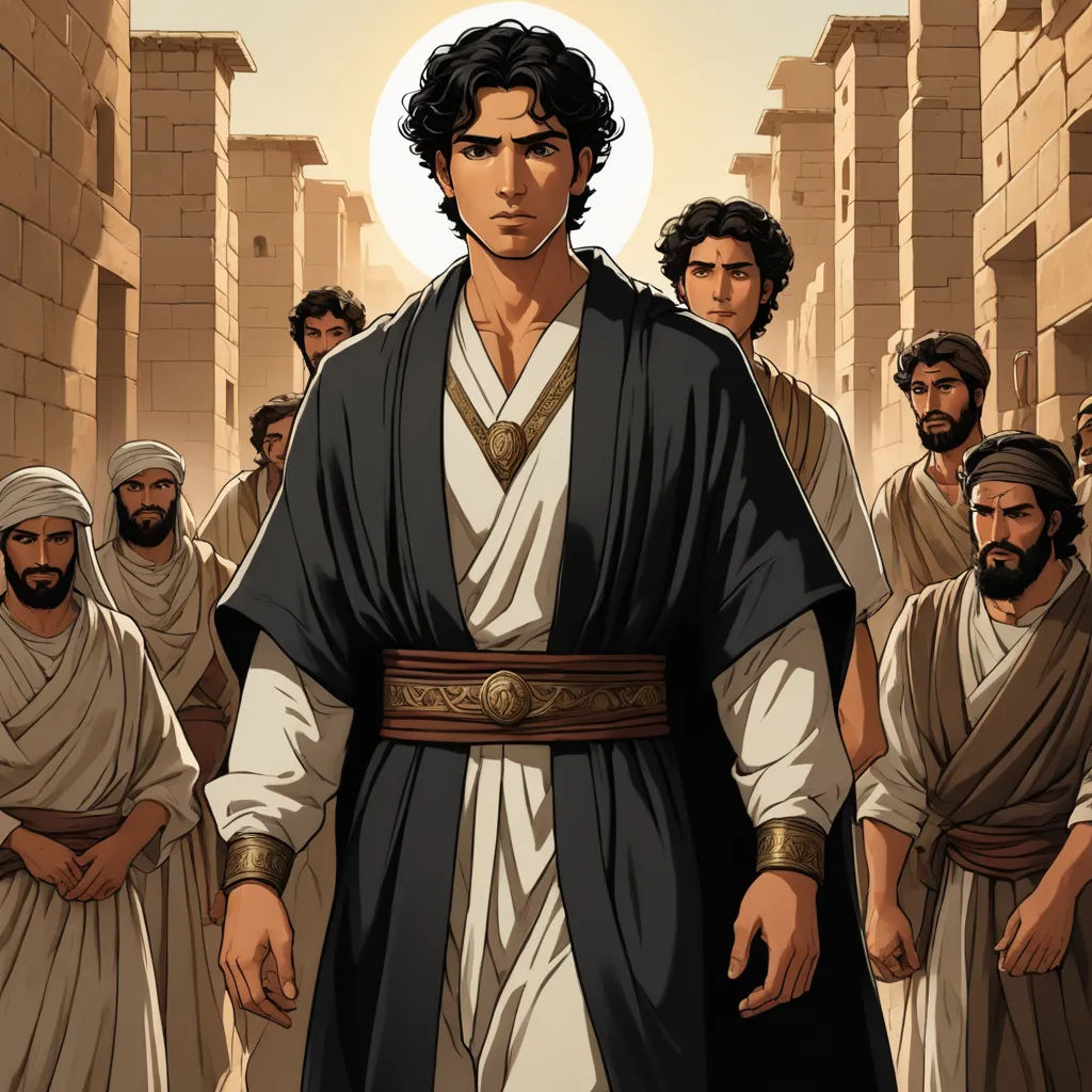 a man in a black robe standing in front of a group of men in white robes and brown robes, hurufiyya, a comic book panel, Altoon Sultan, graphic novel