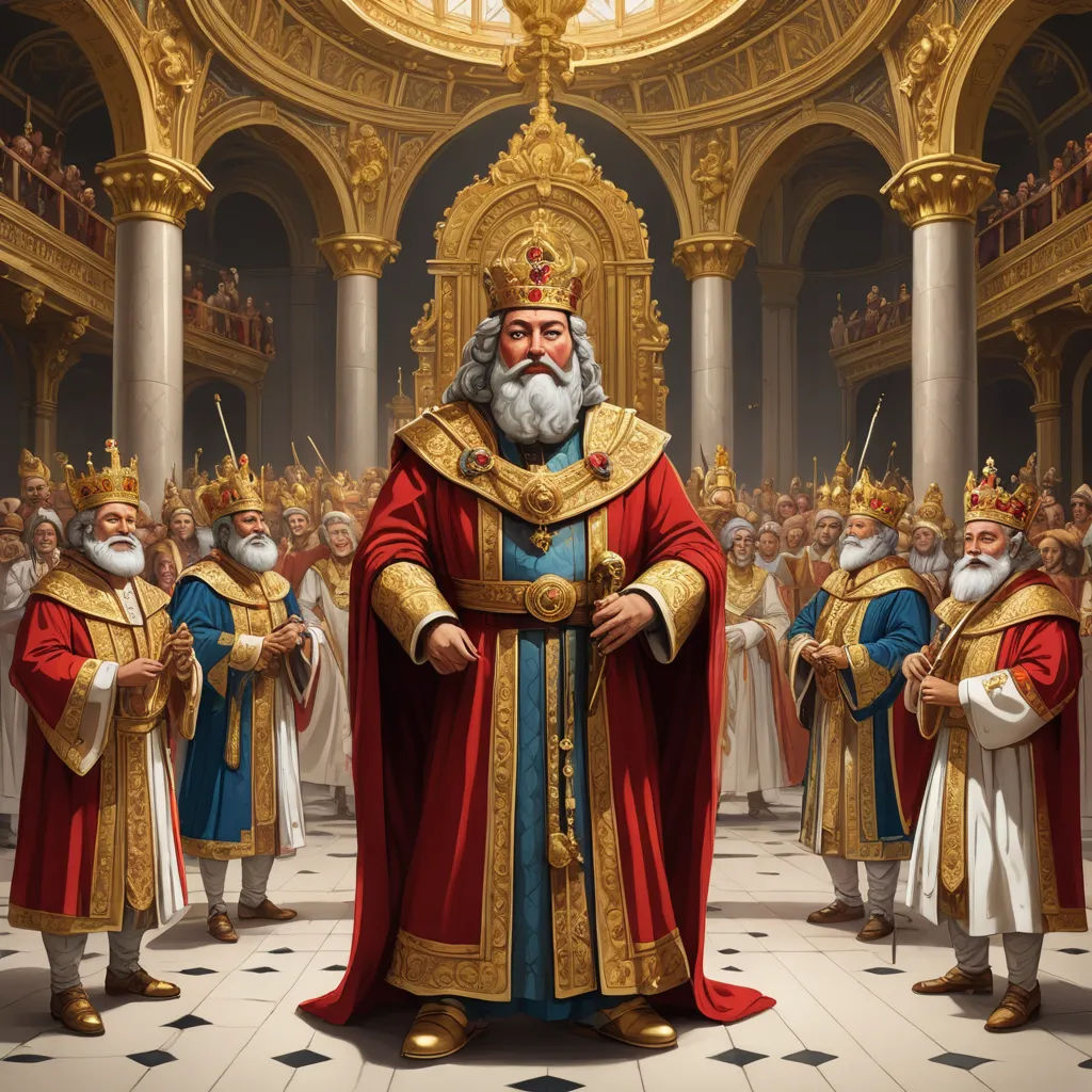 a painting of a priest surrounded by other priests in a church with gold and blue colors and gold trim, excessivism, an ultrafine detailed painting, Christophe Vacher, highly detailed digital painting
