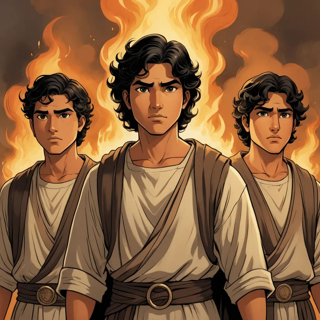 three men in roman garb standing in front of a fire filled sky with flames behind them and one man wearing a brown belt, process art, concept art, Brothers Hildebrandt, comic cover art