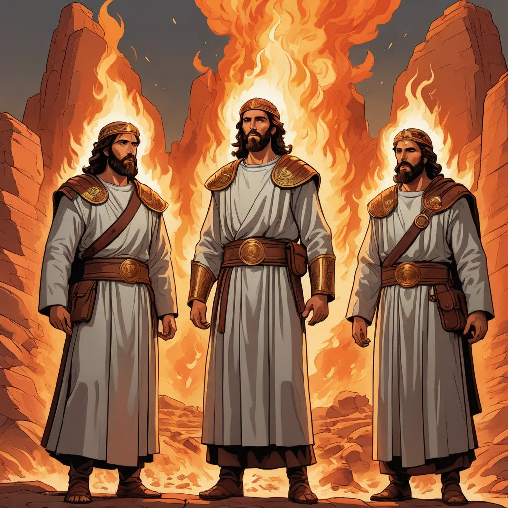three men in ancient clothing standing in front of a fire filled mountain range with flames behind them and a sky background, incoherents, a comic book panel, Brothers Hildebrandt, comic cover art