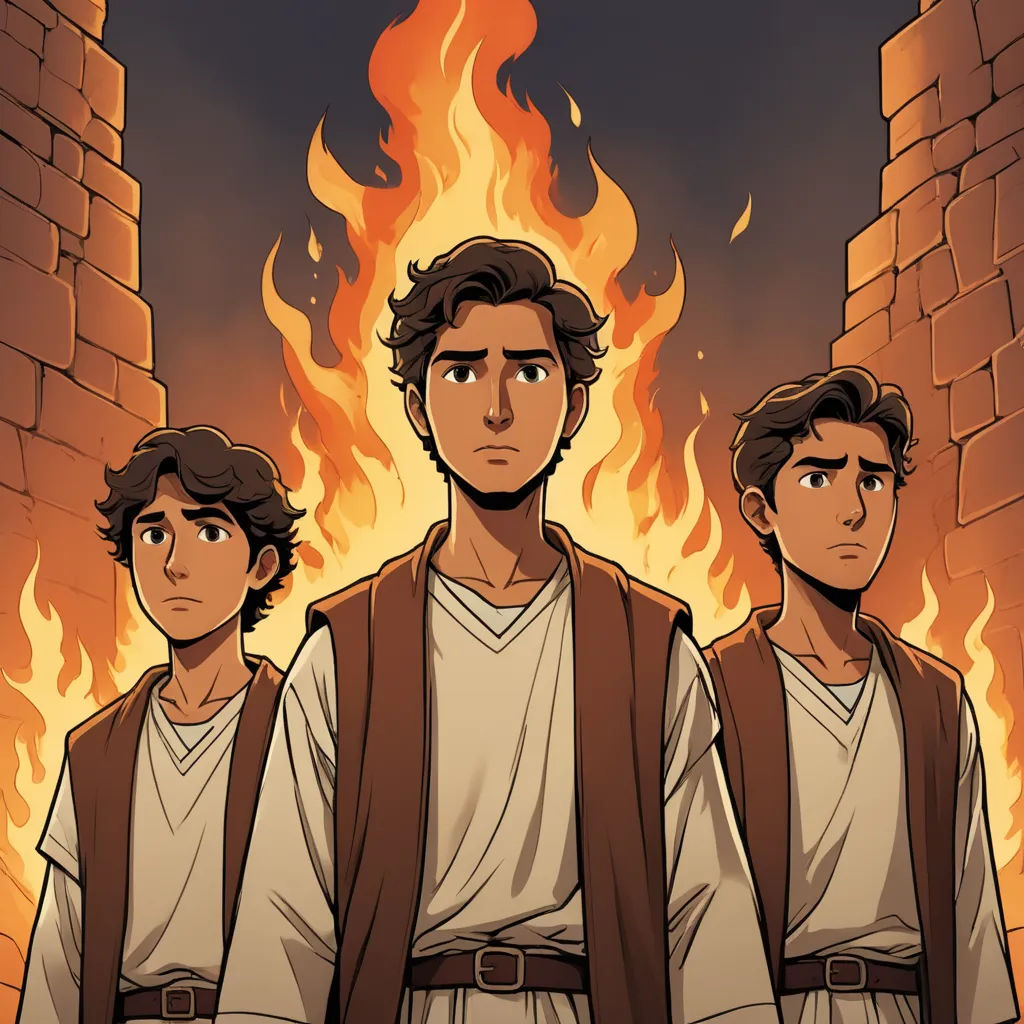 a cartoon of three men standing in front of a fire with flames behind them and a brick wall in the background, process art, concept art, Brothers Hildebrandt, comic cover art