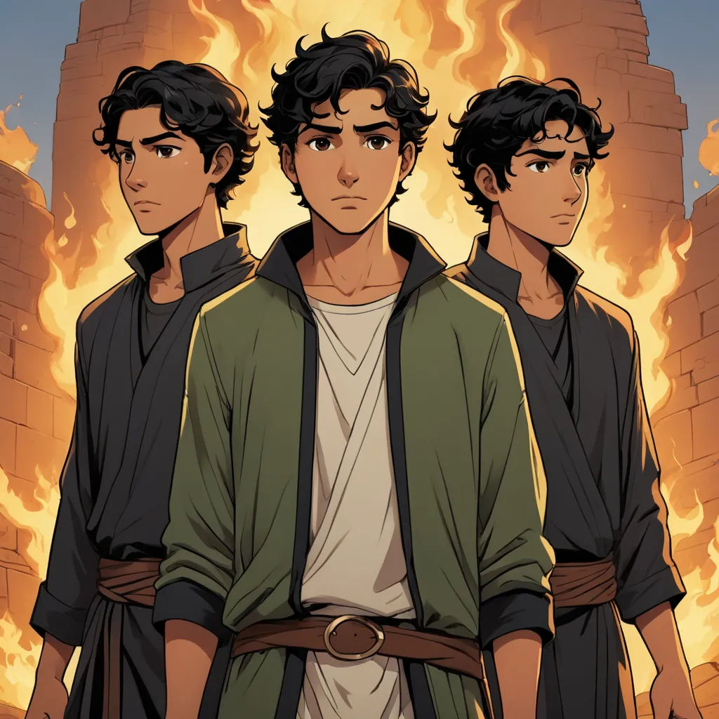 three young men standing in front of a fire with a brick wall in the background and a fire in the background, hurufiyya, concept art, Cedric Seaut (Keos Masons), comic cover art