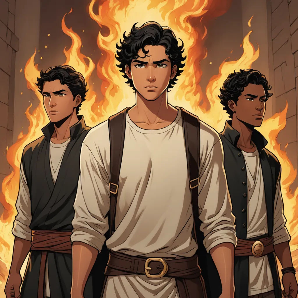 a group of men standing next to each other in front of a fire filled wall with flames behind them, sots art, concept art, Cedric Seaut (Keos Masons), comic cover art