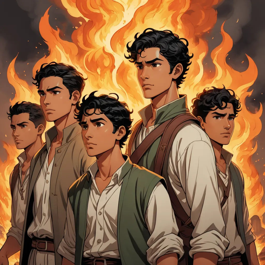 a group of men standing in front of a fire with a flame behind them and a man in the middle of the picture, sots art, concept art, Brothers Hildebrandt, comic cover art