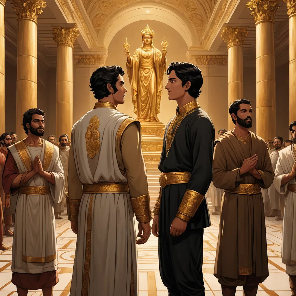 a painting of a group of men standing in a room with columns and a statue in the background,, institutional critique, concept art, Brothers Hildebrandt, mars ravelo and greg rutkowski