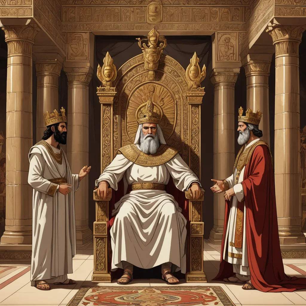 a painting of a priest and two men in robes sitting on a throne in a room with columns and pillars, letterism, a detailed matte painting, Brothers Hildebrandt, highly detailed digital art