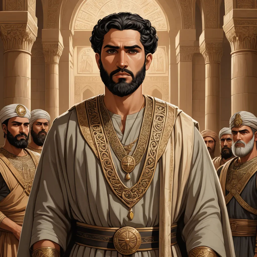 a painting of a man in a roman costume surrounded by other men in ancient costumes and turbans, unilalianism, a character portrait, Altoon Sultan, high detail illustration