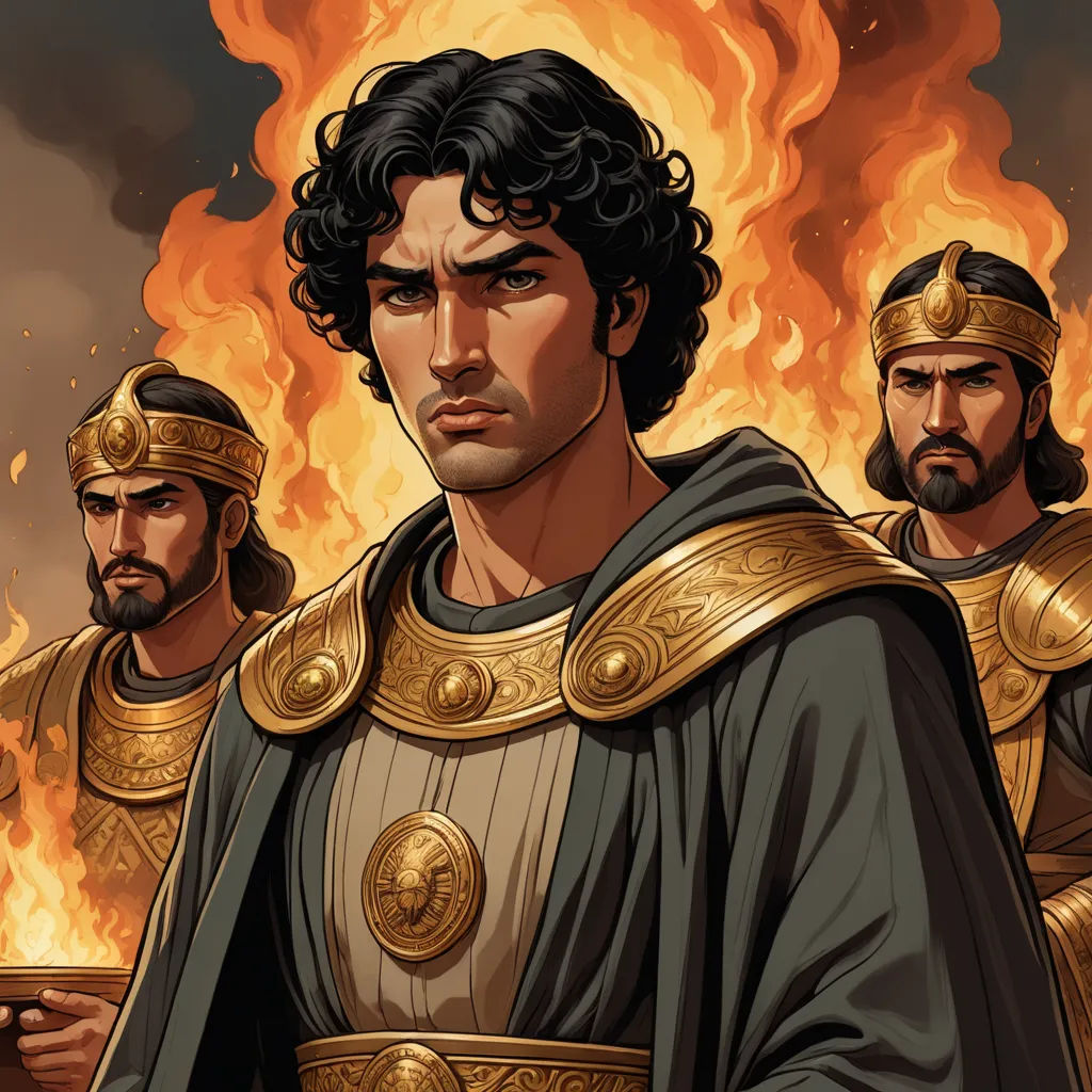 a painting of a man in a roman costume with two other men in front of a fire filled background, qajar art, a comic book panel, Brothers Hildebrandt, graphic novel