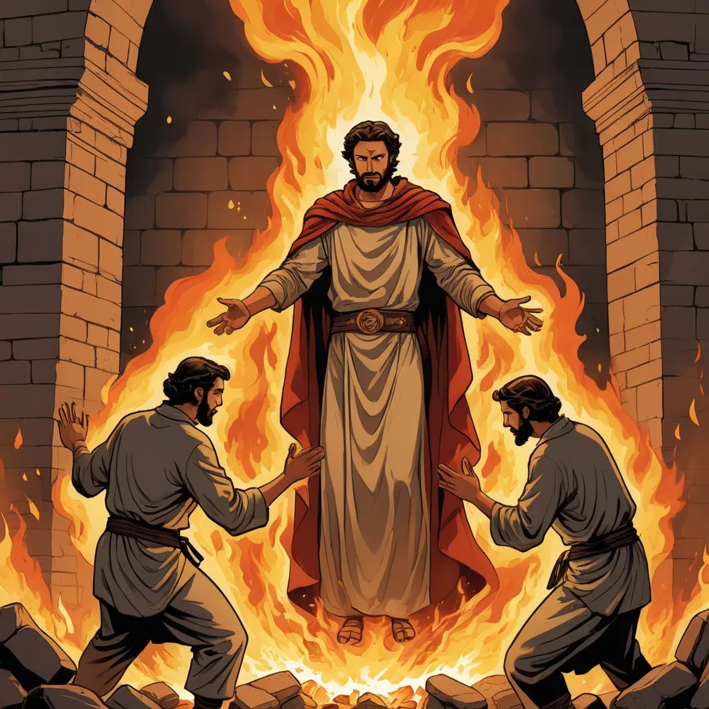a cartoon of jesus standing in front of a fire with two men holding hands up to him and a fire behind him, figurativism, a comic book panel, Altichiero, comic cover art