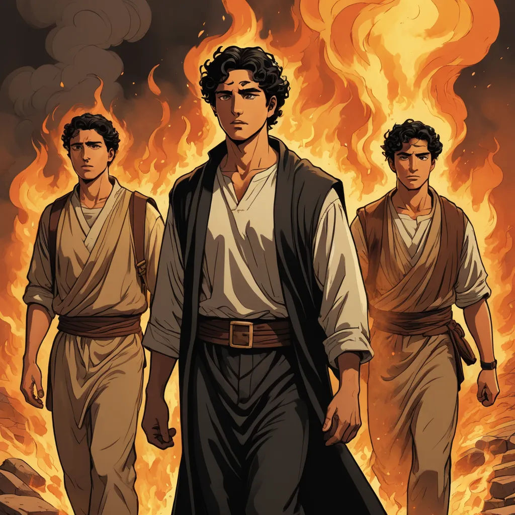 a group of men walking across a fire filled field with a sky background and a man in a white shirt, process art, a comic book panel, Brothers Hildebrandt, comic cover art