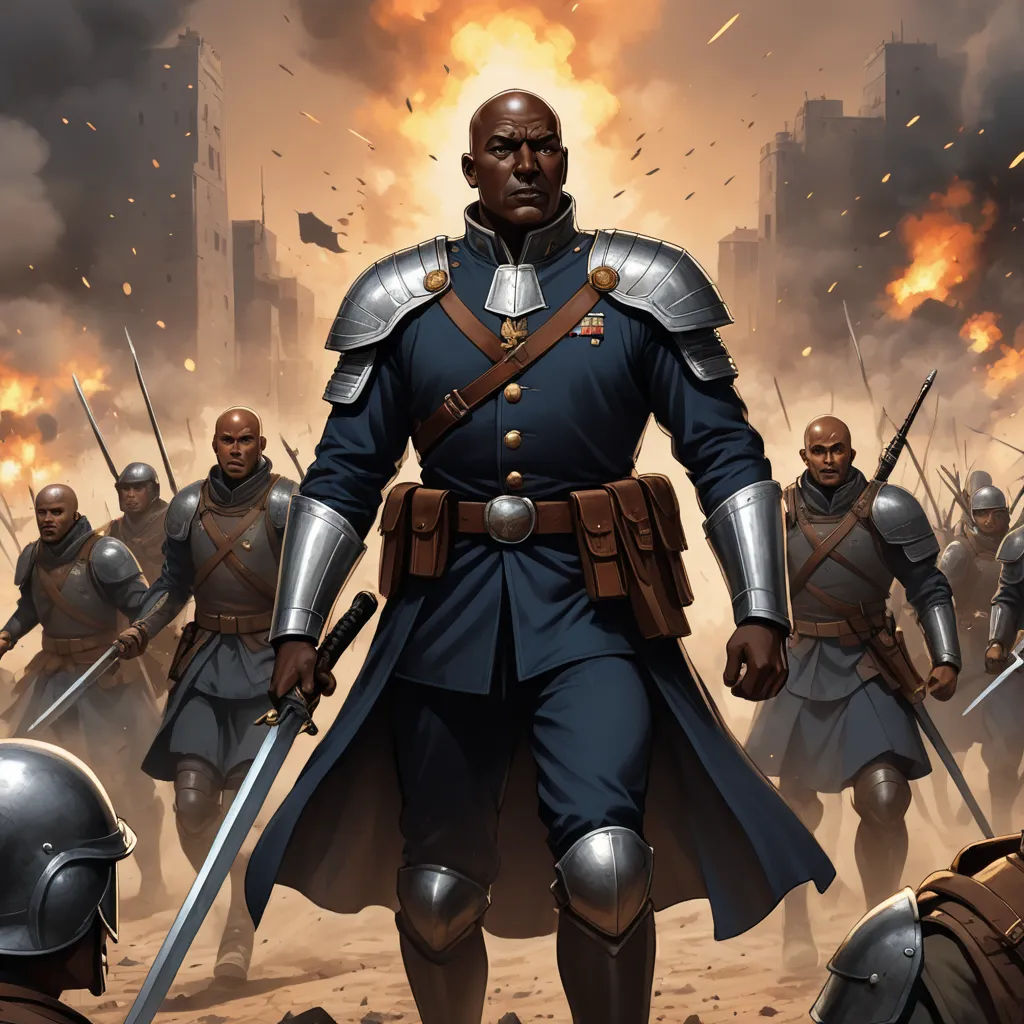 a painting of a man in a military uniform with two swords in his hand and a group of men in full armor behind him, antipodeans, concept art, Cedric Seaut (Keos Masons), comic cover art
