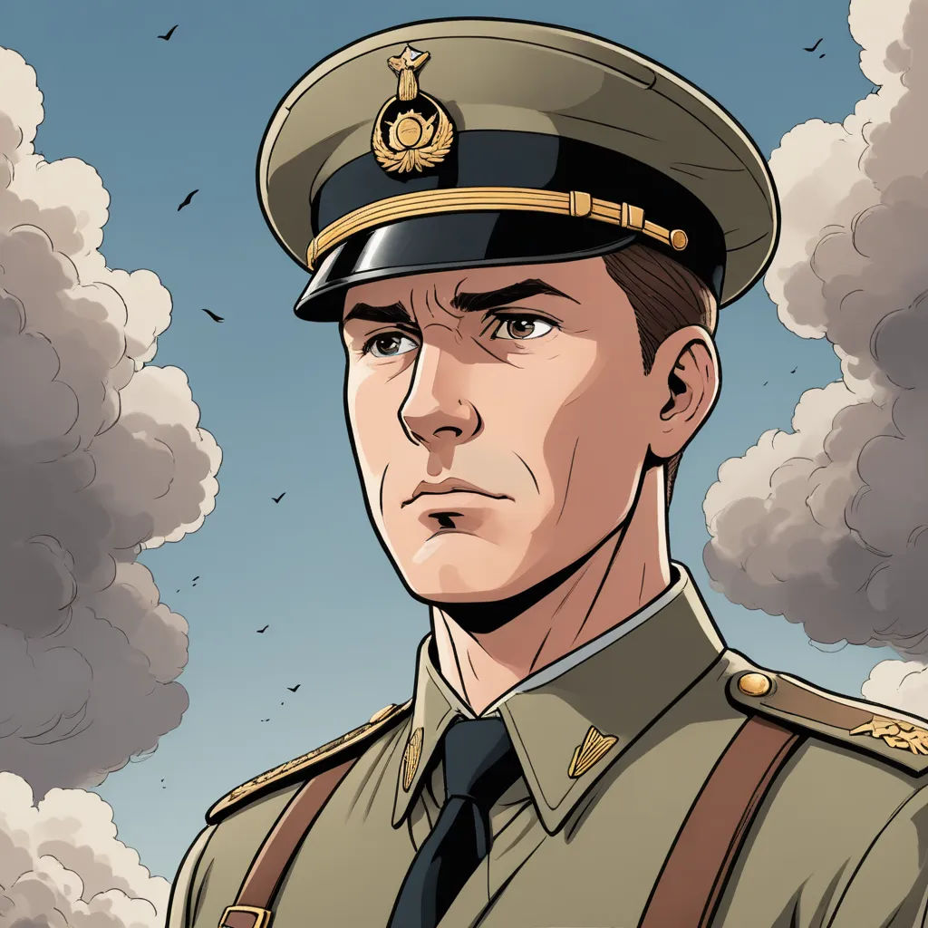 a cartoon of a man in a military uniform with a sky background and clouds in the background, with a bird flying overhead, sots art, a character portrait, David Dougal Williams, tom of finland