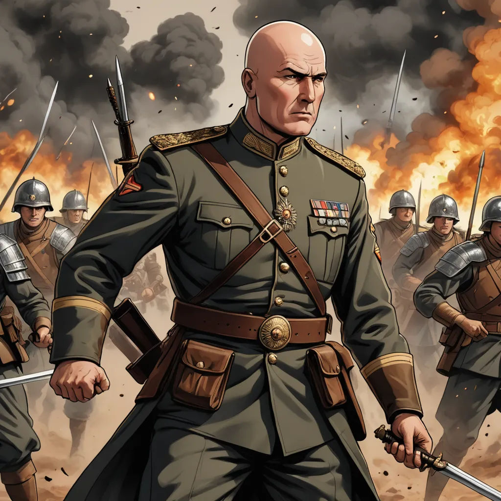 a cartoon of a man in a military uniform with a sword in his hand and a group of men in uniform behind him, antipodeans, a comic book panel, Enki Bilal, war