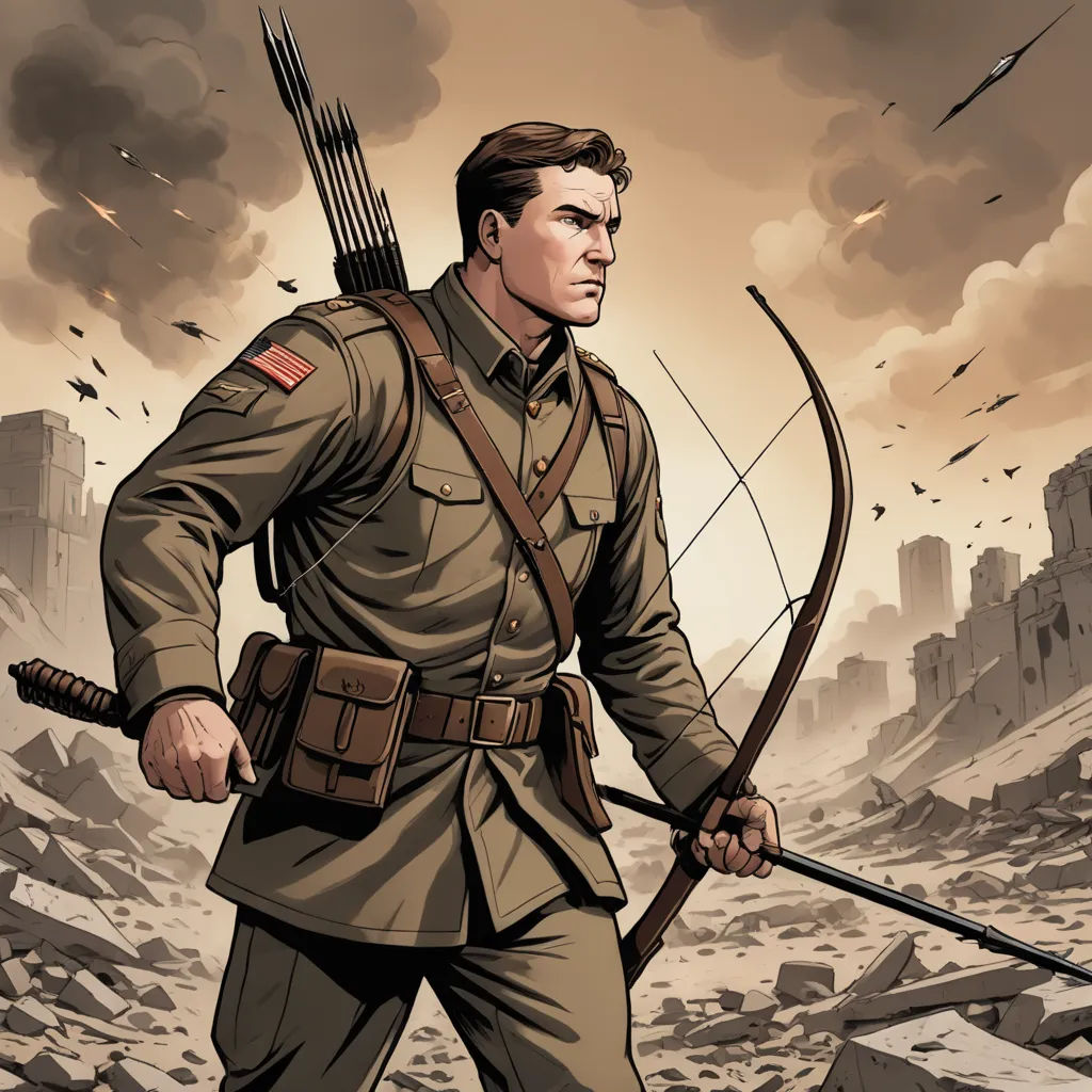 a man in a military uniform holding a bow and arrow in his hand while standing in a rubble - covered area, process art, a comic book panel, Barron Storey, western comic book art