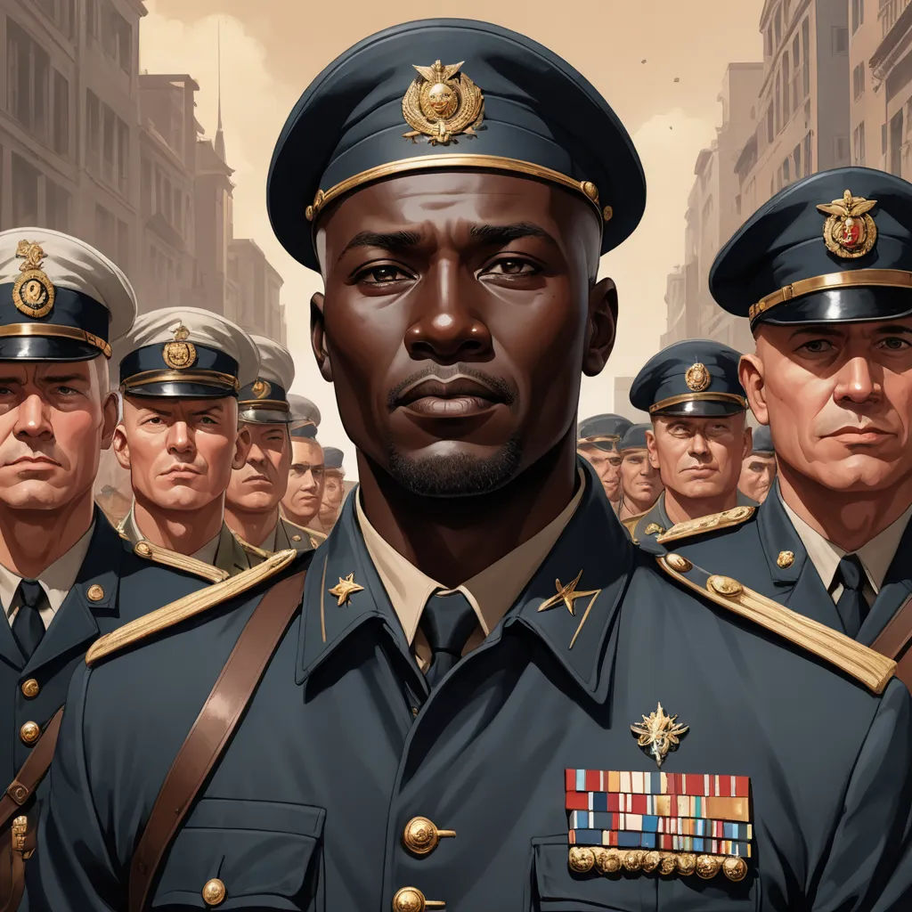 a painting of a group of men in uniform in a city street with buildings in the background and a man in the middle of the picture, socialist realism, a character portrait, David Palumbo, highly detailed digital painting