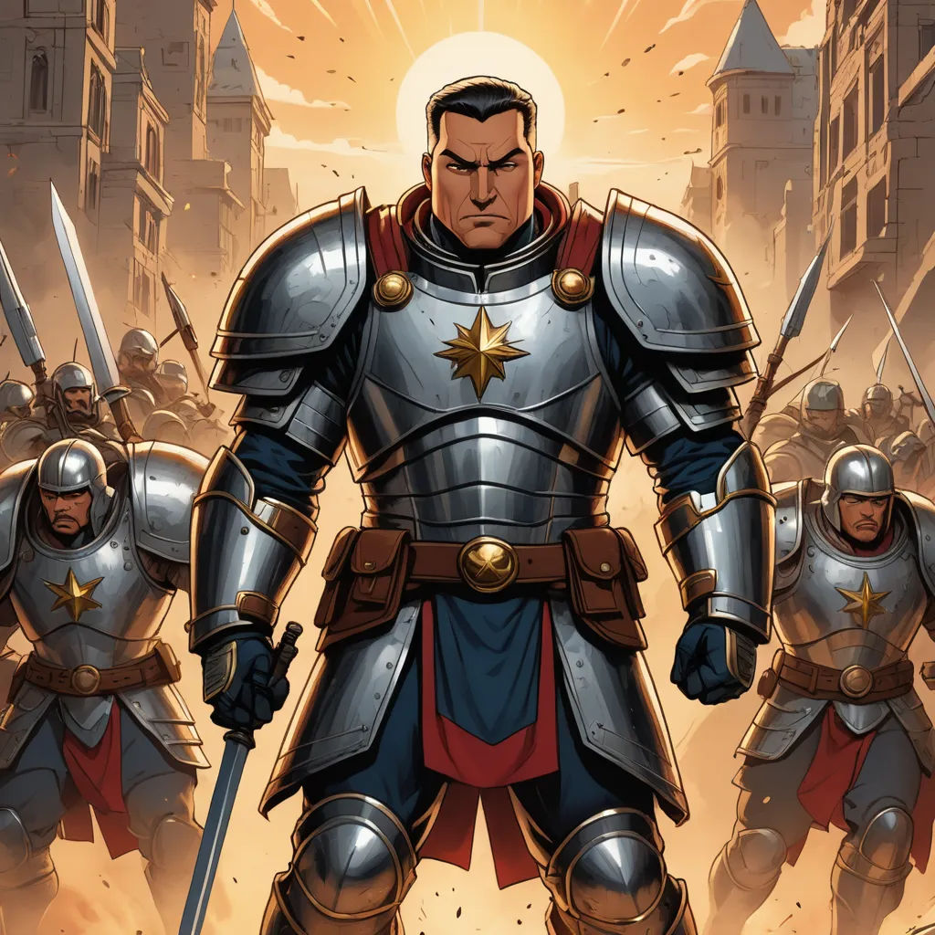 a cartoon of a man in armor surrounded by other men in armor and holding swords in front of a city, antipodeans, a comic book panel, Cedric Seaut (Keos Masons), epic fantasy character art