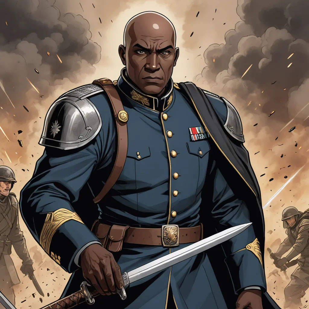 a cartoon of a man in uniform holding a sword and a sword in his hand with other men in the background, afrofuturism, a character portrait, Cedric Seaut (Keos Masons), comic cover art