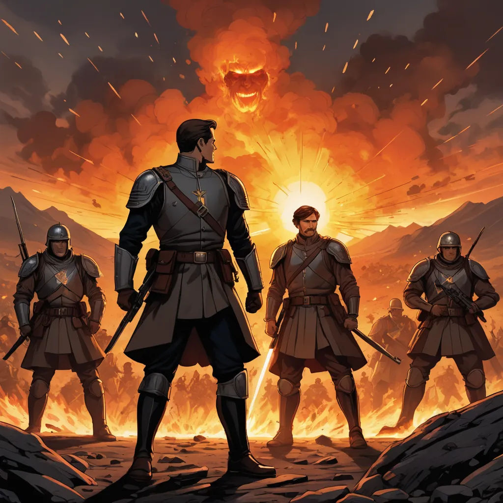 a group of men standing next to each other in front of a fire filled sky with a skull in the background, sots art, a comic book panel, Cedric Peyravernay, comic cover art