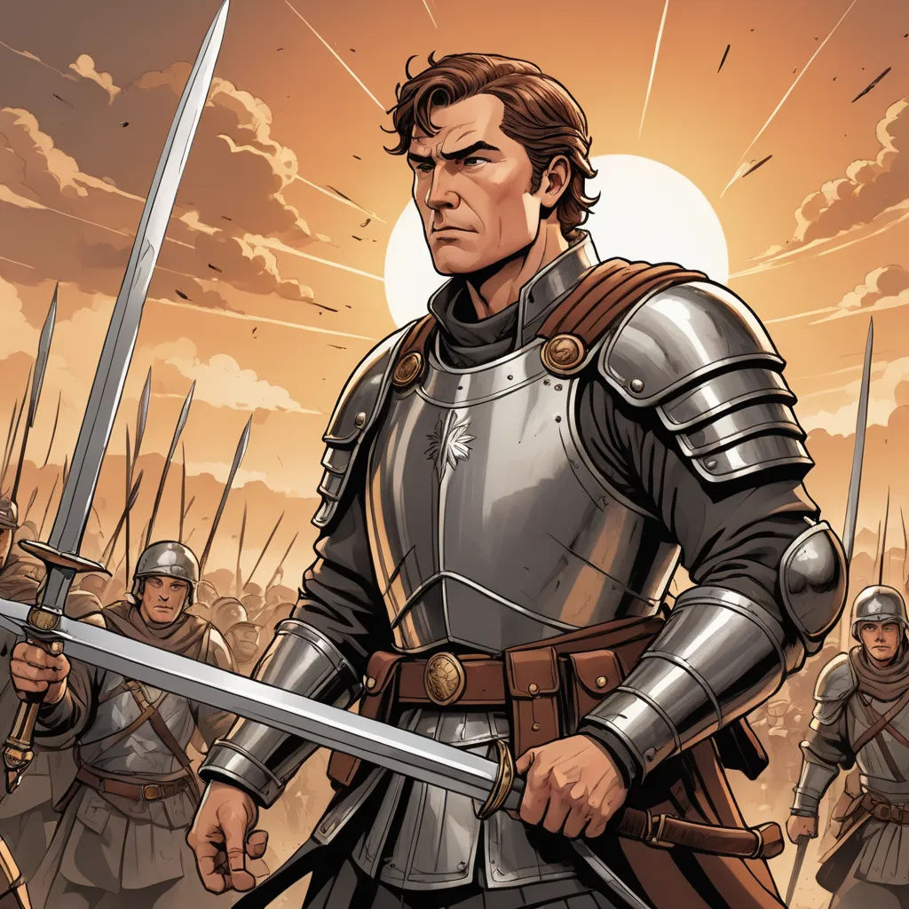 a man in a suit of armor holding two swords in front of a group of men in armor with a sunset behind him, fantasy art, a comic book panel, Diego Gisbert Llorens, comic cover art