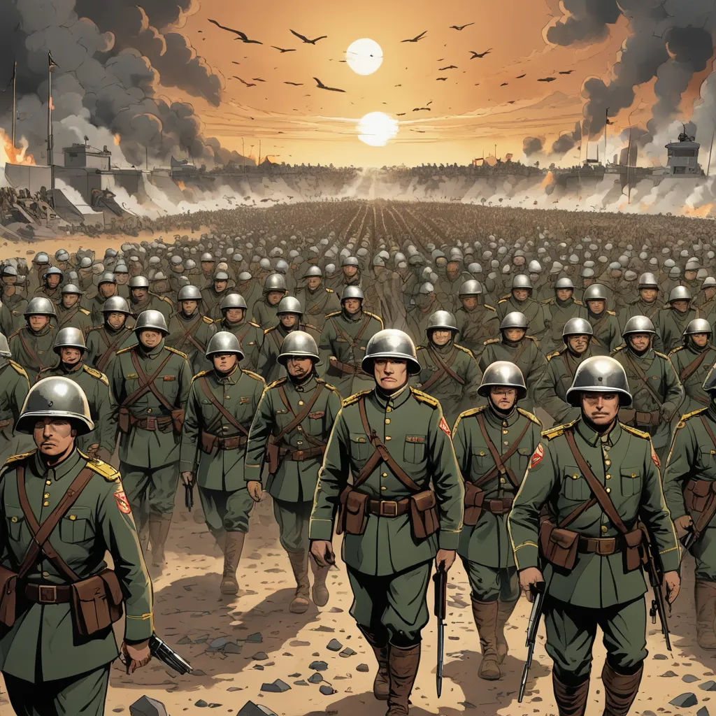 a painting of a group of soldiers marching in a field with a sunset in the background and birds flying overhead, antipodeans, a comic book panel, Enki Bilal, war