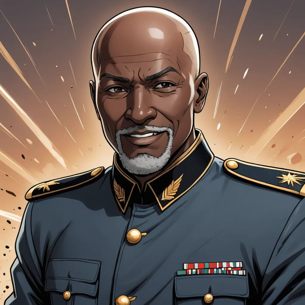 a cartoon of a man in a military uniform with a beard and mustache, smiling at the camera, with a burst of smoke behind him, afrofuturism, a character portrait, Bruce Onobrakpeya, character portrait