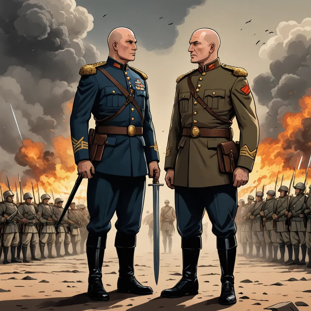 two men in uniforms standing in front of a group of men in uniform with a sword in their hands, unilalianism, poster art, Aleksandr Gerasimov, war