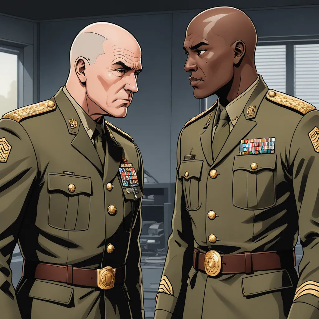 two men in military uniforms standing next to each other in a room with windows and a window behind them, american realism, a character portrait, Barron Storey, official art
