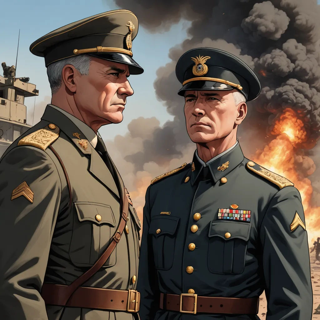 two men in military uniforms standing next to each other in front of a large fire and smoke cloud in the sky, american realism, a comic book panel, Brothers Hildebrandt, war