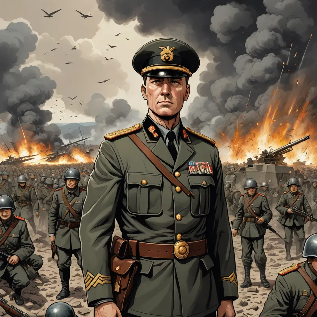 a painting of a man in a military uniform standing in front of a group of soldiers in a field, sots art, a character portrait, David Palumbo, war