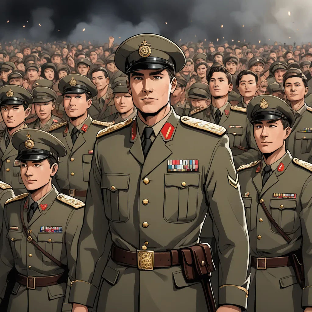 a group of men in military uniforms standing in a crowd of people in front of a black sky with smoke, socialist realism, a comic book panel, Choi Buk, official art