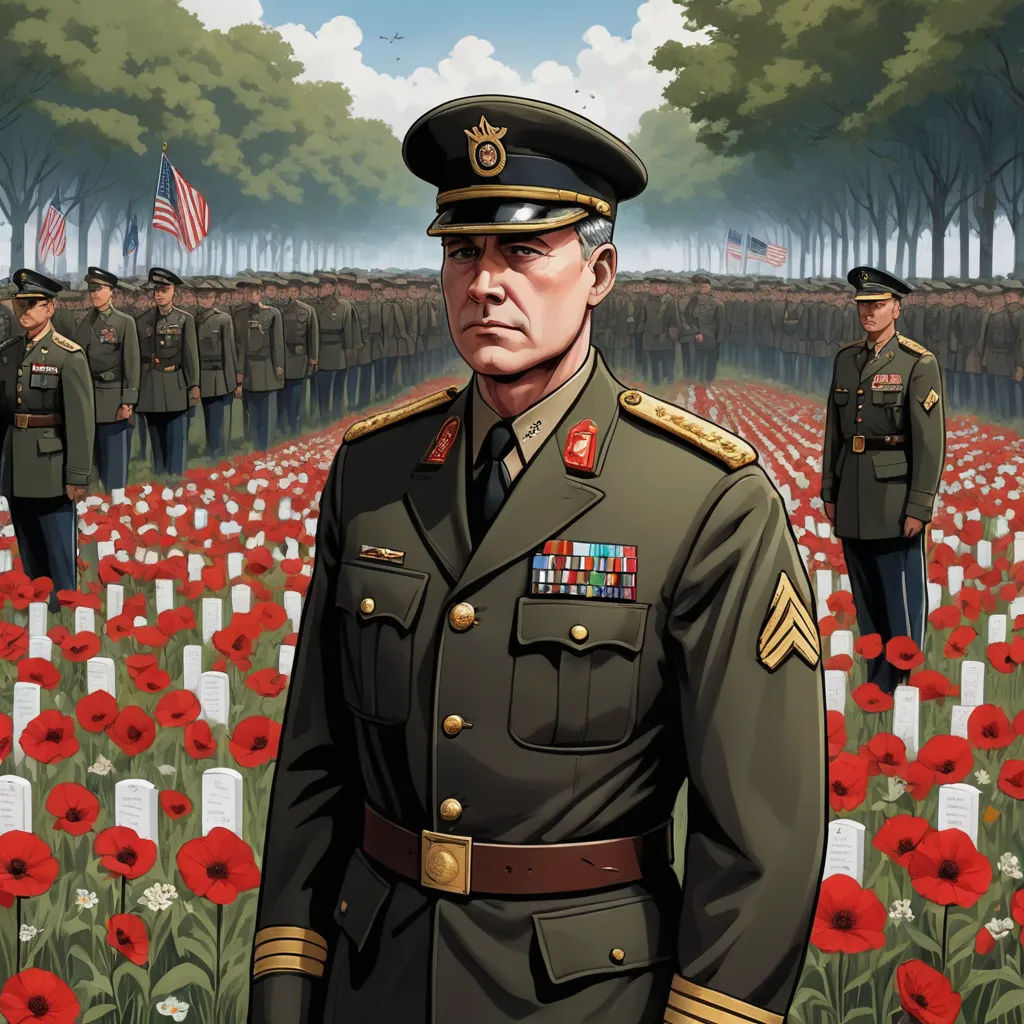 a painting of a soldier in a field of red flowers with other soldiers in the background in a military uniform, american realism, a character portrait, David Palumbo, war