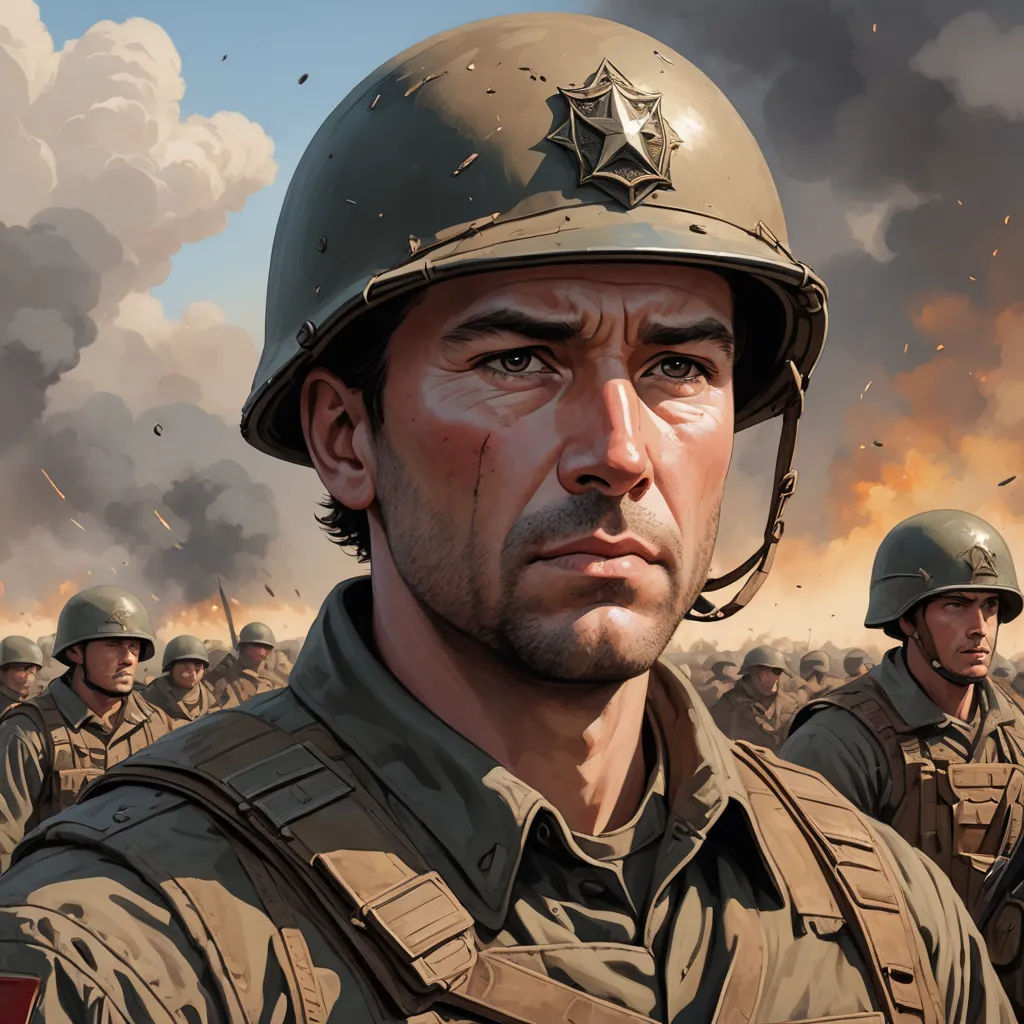 a painting of a man in a military uniform with a lot of smoke behind him and a lot of other men in the background, american realism, a character portrait, David Palumbo, character portrait