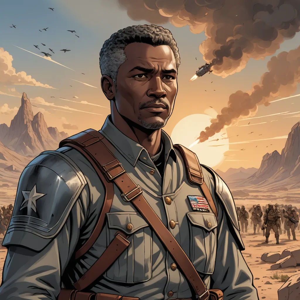 a man in a military uniform standing in front of a mountain range with a sky background and a plane flying overhead, harlem renaissance, a character portrait, Allan Brooks, character portrait